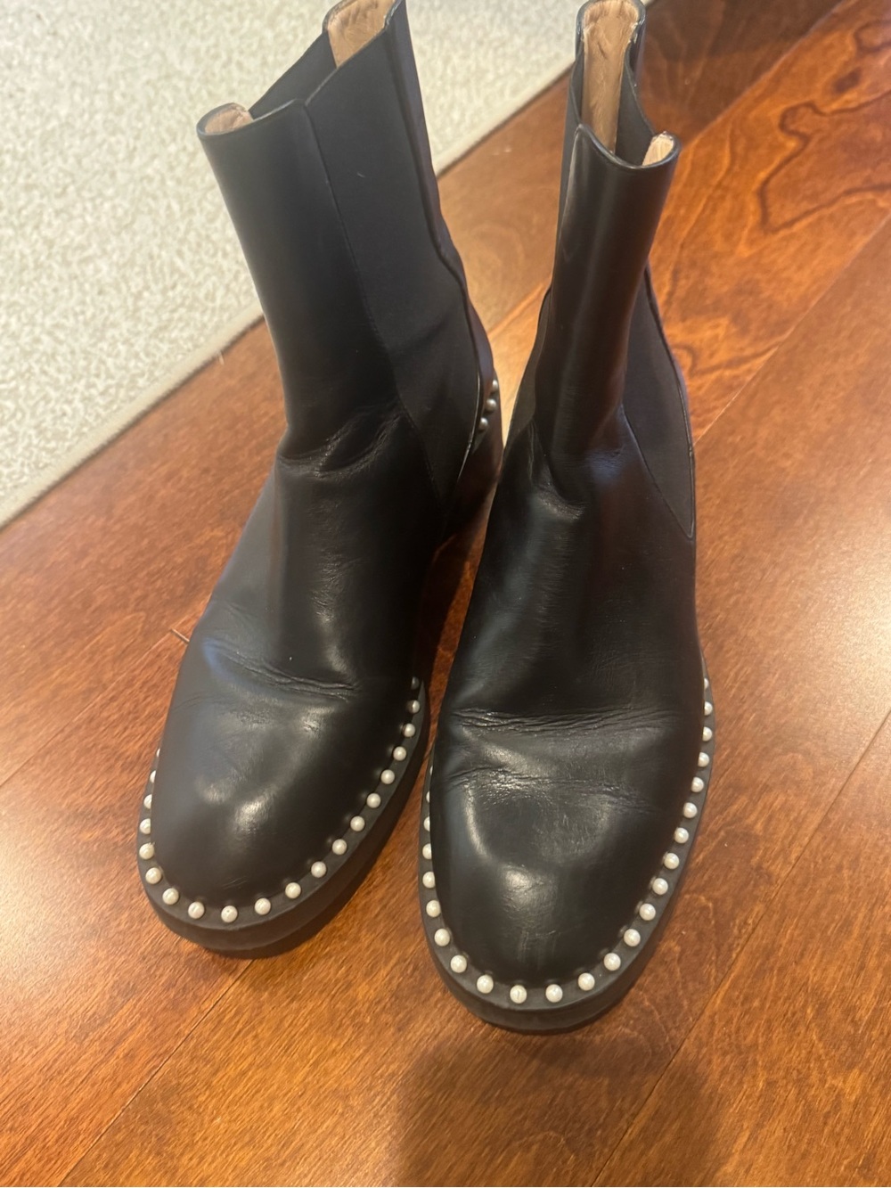 Stuart Weitzman Black Leather Ankle Boots with Pearl Stud Trim